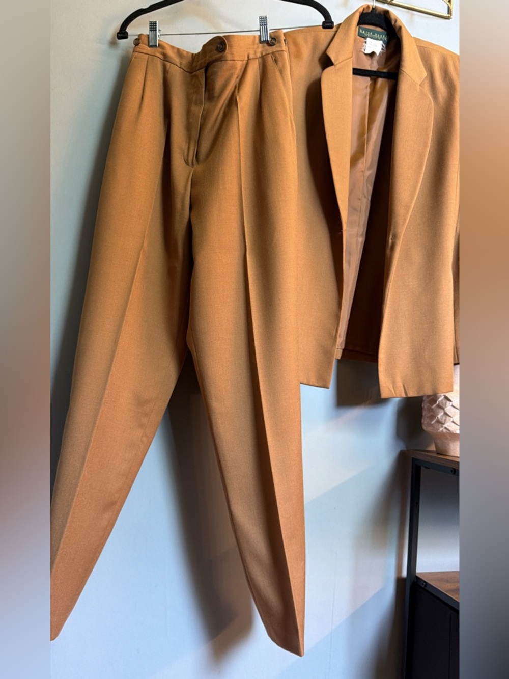 Vintage Camel Wool Suit Set | Tailored Blazer & High-Rise Pleated Trousers
